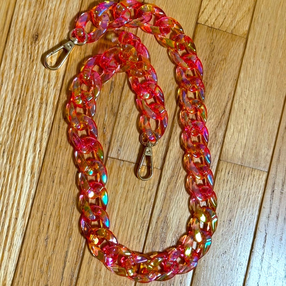Iridescent Pink Acrylic  link Chain Strap with 2 attachment Gold clasps at ends.
